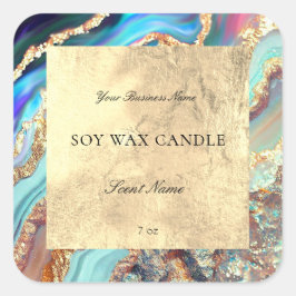 Pegatina Cuadrada Vela de patrón de Geode Blue Gold de lujo