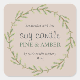 Pegatina Cuadrada Vela de soja casera Pine Sprig Personalizado Purpl