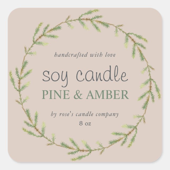 Pegatina Cuadrada Vela de soja casera Pine Sprig Personalizado Purpl (Anverso)