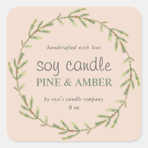 Pegatina Cuadrada Vela de Soja Casera Sprig de Pino Rosa Personaliza