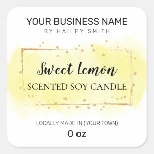 Pegatina Cuadrada Vela de soja con sabor a limón amarillo acuarela