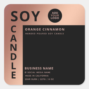 Pegatina Cuadrada Vela de soja de oro rosa negro con logotipo minima