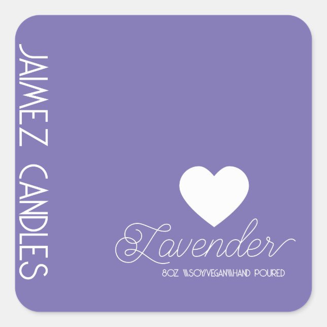 Pegatina Cuadrada Vela de soja vegana Script Maker Lavanda Pastel (Anverso)