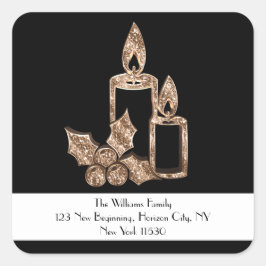 Pegatina Cuadrada Vela negra y dorada con Navidad de acebo