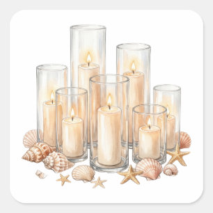 Pegatina Cuadrada Velas Costeras Acuarela de Conchas Marinas