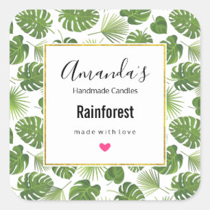 Pegatina Cuadrada Velas de patrón de hojas tropicales verdes elegant