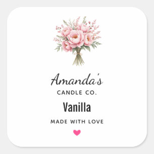Pegatina Cuadrada Velas de ramo de flor de peonía rosa bonita para n
