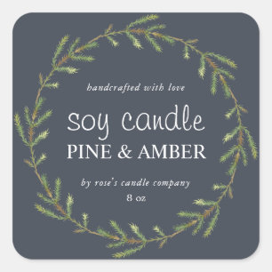 Pegatina Cuadrada Velas de soja caseras Pine Sprig Personalizado Azu