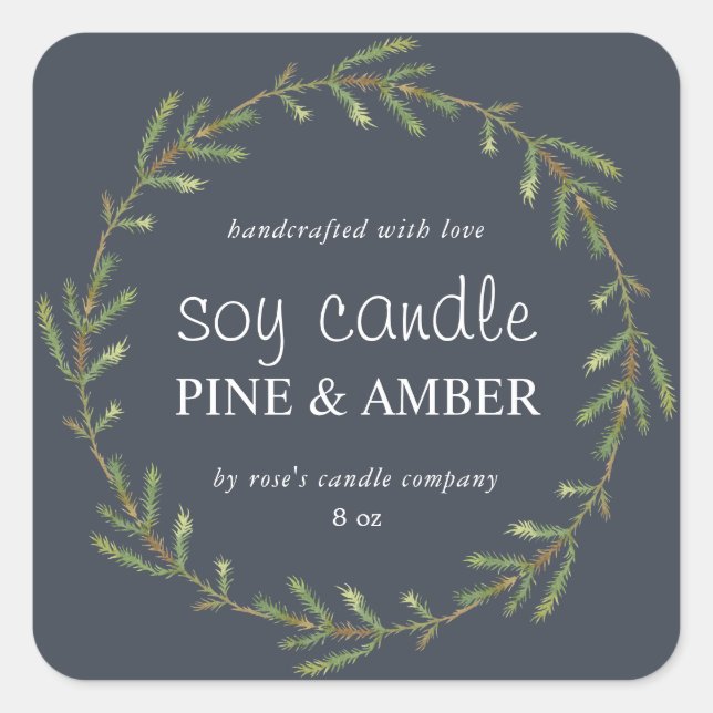 Pegatina Cuadrada Velas de soja caseras Pine Sprig Personalizado Azu (Anverso)