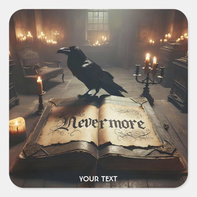 Pegatina Cuadrada Velas para libros Fantasy Cute Raven (Anverso)