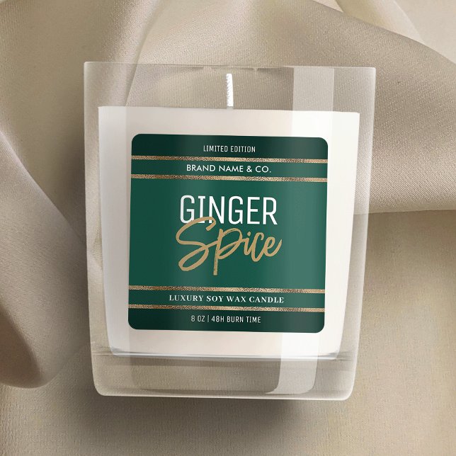 Pegatina Cuadrada Velela vela moderna verde esmeralda dorado (Elegant emerald green and gold glitter square labels - perfect for candles, diffusers, wax melts etc)
