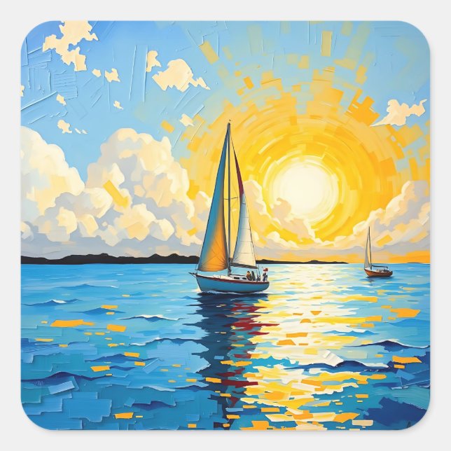Pegatina Cuadrada Velero al atardecer (Anverso)