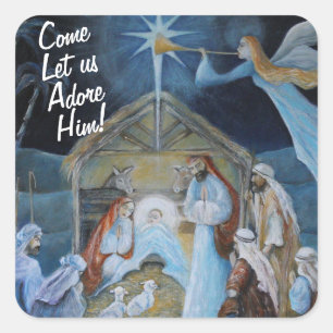 Pegatina Cuadrada ¡Ven a Adore Him!, Navidades Natividad