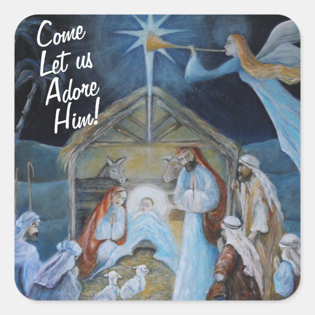 Pegatina Cuadrada ¡Ven a Adore Him!, Navidades Natividad (Anverso)