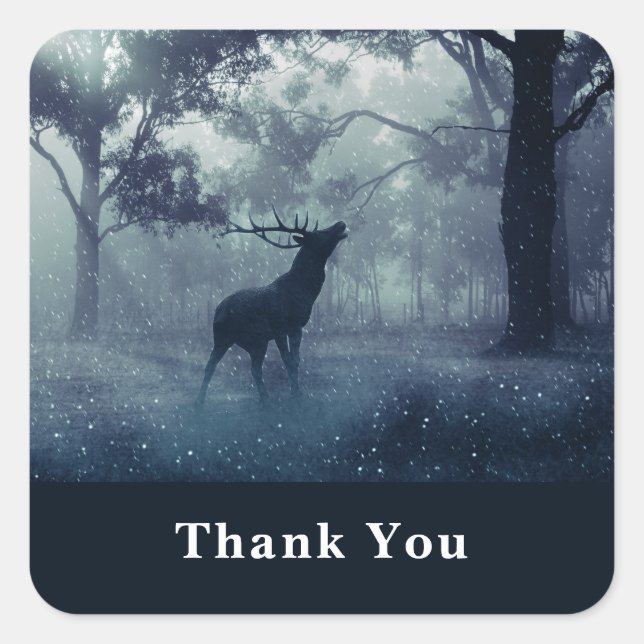 Pegatina Cuadrada Venado con polleras en un bosque oscuro - Gracias (Anverso)