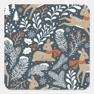Pegatina Cuadrada Venado de Navidad vintage, diseño festivo