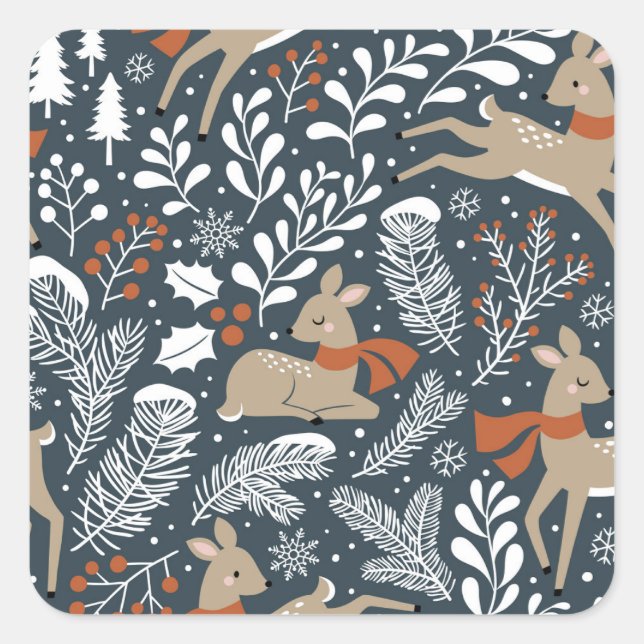 Pegatina Cuadrada Venado de Navidad vintage, diseño festivo (Anverso)
