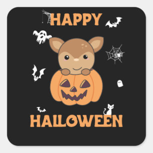 Pegatina Cuadrada Venado En Calabaza Dulce Cerveza Feliz Halloween