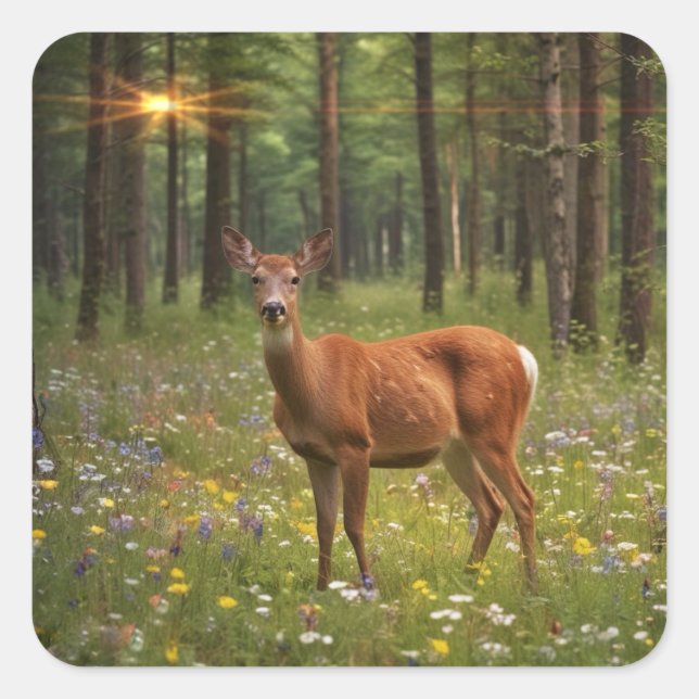 Pegatina Cuadrada Venado en un bosque mágico (Anverso)