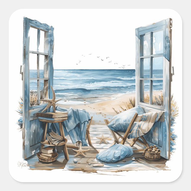 Pegatina Cuadrada Ventana a la playa... (Anverso)