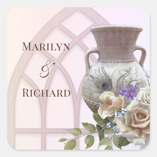 Pegatina Cuadrada Ventana Catedral, Urn & Floral Boda Square Sti (Anverso)