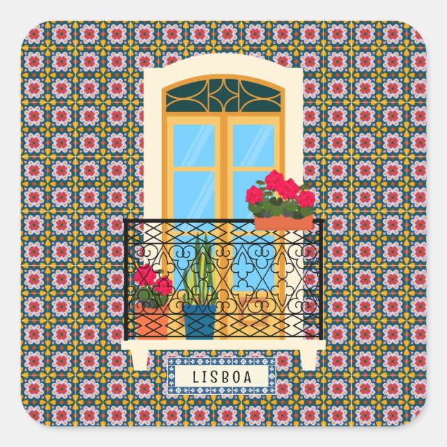Pegatina Cuadrada Ventana de la casa de Lisboa con plantas y azulejo (Anverso)