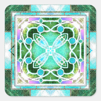 Pegatina Cuadrada Ventana de la Catedral de Vidrio Manchado en Verde