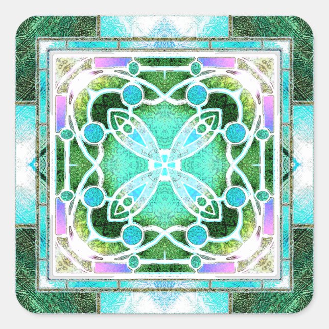 Pegatina Cuadrada Ventana de la Catedral de Vidrio Manchado en Verde (Anverso)