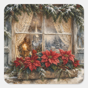 Pegatina Cuadrada Ventana de Navidad con Poinsettia Nevada