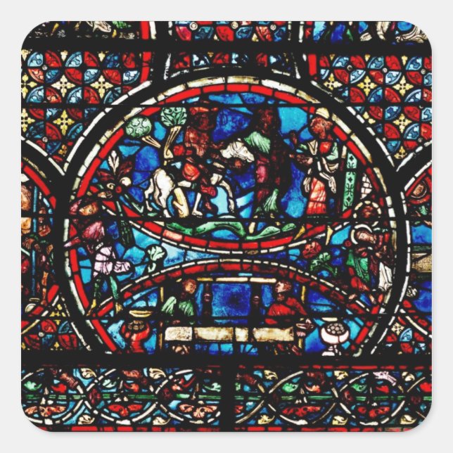 Pegatina Cuadrada Ventana que representa el buen samaritano (Anverso)