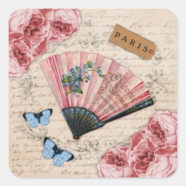 Pegatina Cuadrada Ventilador francés rosa (Anverso)