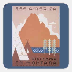 Pegatina Cuadrada Ver América Bienvenido a Montana, Viaje Antiguo