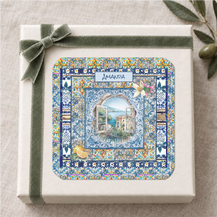 Pegatina Cuadrada verano azulejos azules florales italianos cítricos