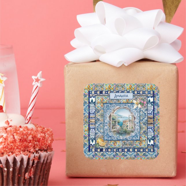 Pegatina Cuadrada verano azulejos azules florales italianos cítricos (Fiesta)