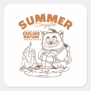 Pegatina Cuadrada Verano Campfire Explorar la naturaleza - Gato de é