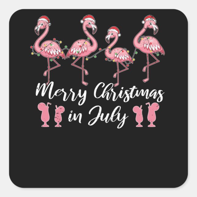 Pegatina Cuadrada Verano Cóctel Feliz Navidad En Julio Flamingo (Anverso)