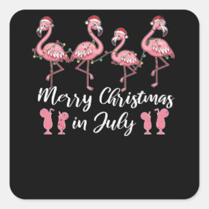 Pegatina Cuadrada Verano Cóctel Feliz Navidad En Julio Flamingo