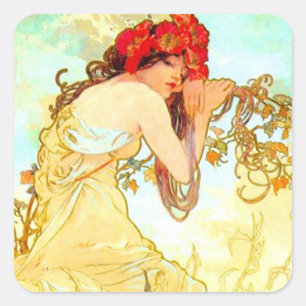 Pegatina Cuadrada Verano de Art Nouveau de Alphonse Mucha