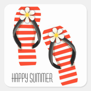 Pegatina Cuadrada Verano feliz rojos y rayados blancos chanclas