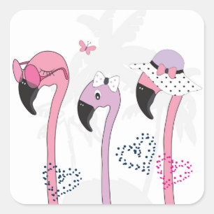 Pegatina Cuadrada Verano Flamingo: Ilustracion Beach Vintage.