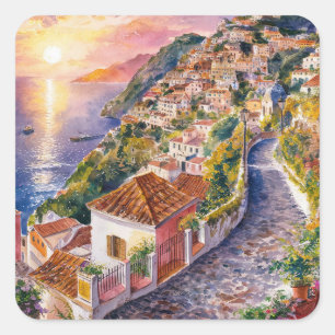 Pegatina Cuadrada verano italiano ,Positano,Italia Costa Amalfitana