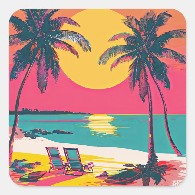 Pegatina Cuadrada Verano Playa Vibe Retro Surfer Palm Trees Sunset (Anverso)