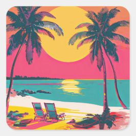 Pegatina Cuadrada Verano Playa Vibe Retro Surfer Palm Trees Sunset