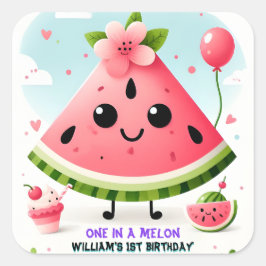 Pegatina Cuadrada verano rosa uno en un melón primer cumpleaños