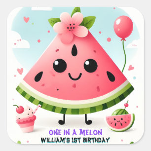 Pegatina Cuadrada verano rosa uno en un melón primer cumpleaños