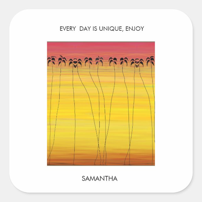 Pegatina Cuadrada Verano tropical y silueta de los Cocoteros (Anverso)