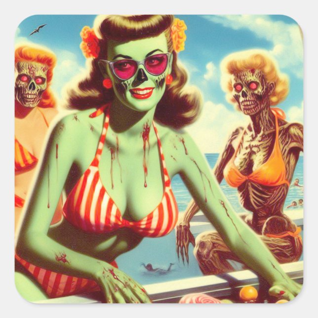 Pegatina Cuadrada Verano Zombie Pin-up (Anverso)