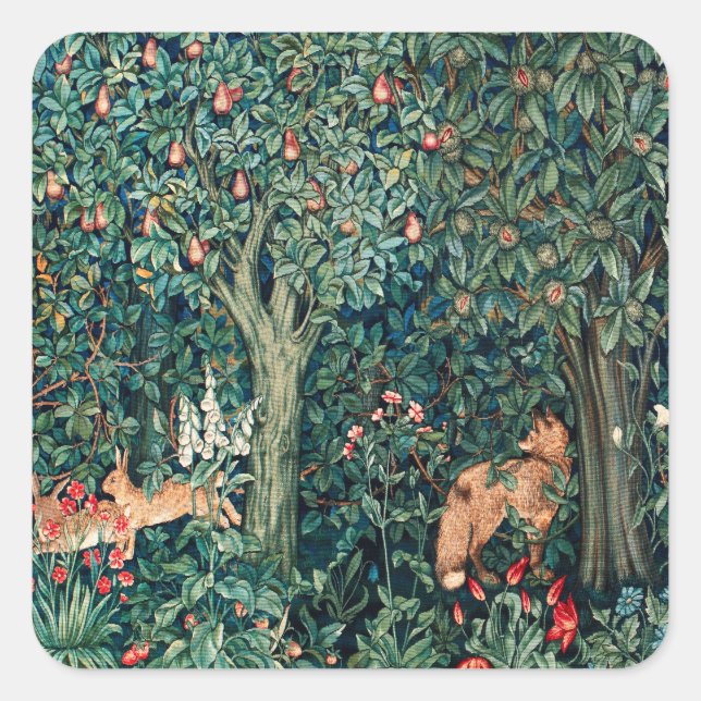Pegatina Cuadrada VERDAD, ANIMALES FORESTALES Hares, Fox, Floral Ver (Anverso)