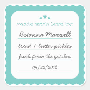 Pegatina Cuadrada Verde azulada Vieiras Corazones Regalo de alimento