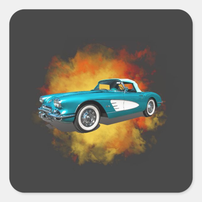 Pegatina Cuadrada Verde azulado 59 Corvette Carro Rojo Fondo de expl (Anverso)